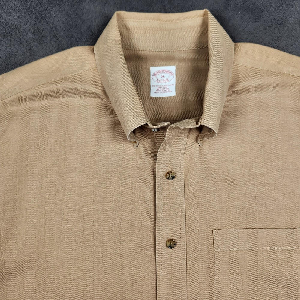 Brooks Brothers Shirt Mens XL Tan Herringbone Cotton Cashmere Blend Button Down